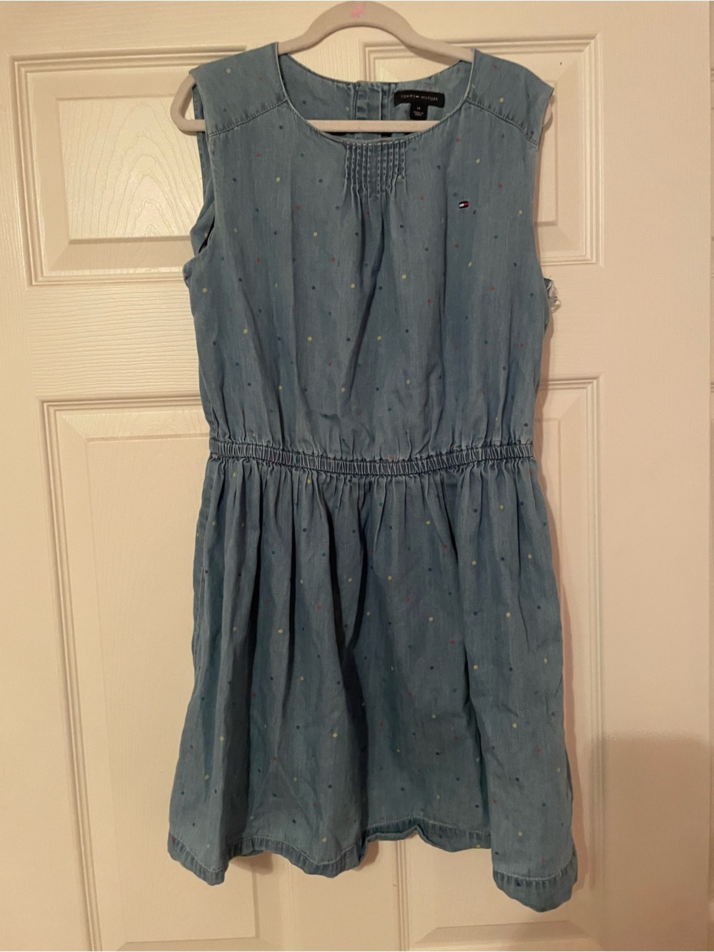 Tommy Hilfiger Light Blue Chambray Girls' Dress with Tiny Multicolor Dots